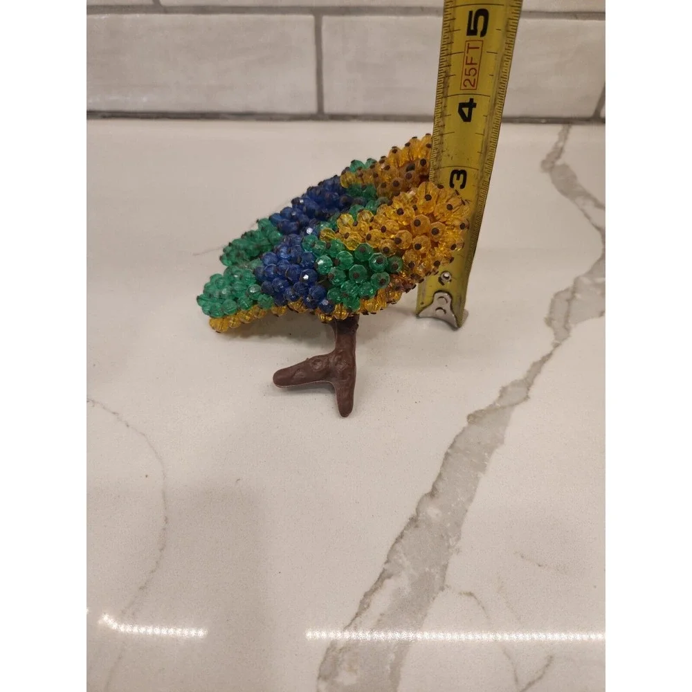 Vintage Pair Of Yellow Green‎ Blue Parrots Birds Sitting On A Plastic Log Perch